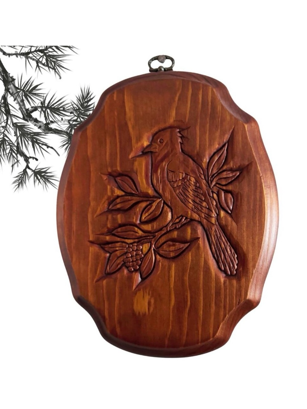 Vintage 1954 Hand Carved Wood Wall Plaque Cardinal Bird on Branch Rustic